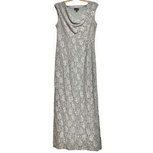 Connected Apparel Gray Sequin Embroidered Cowl Neck Long Dress Size 14
